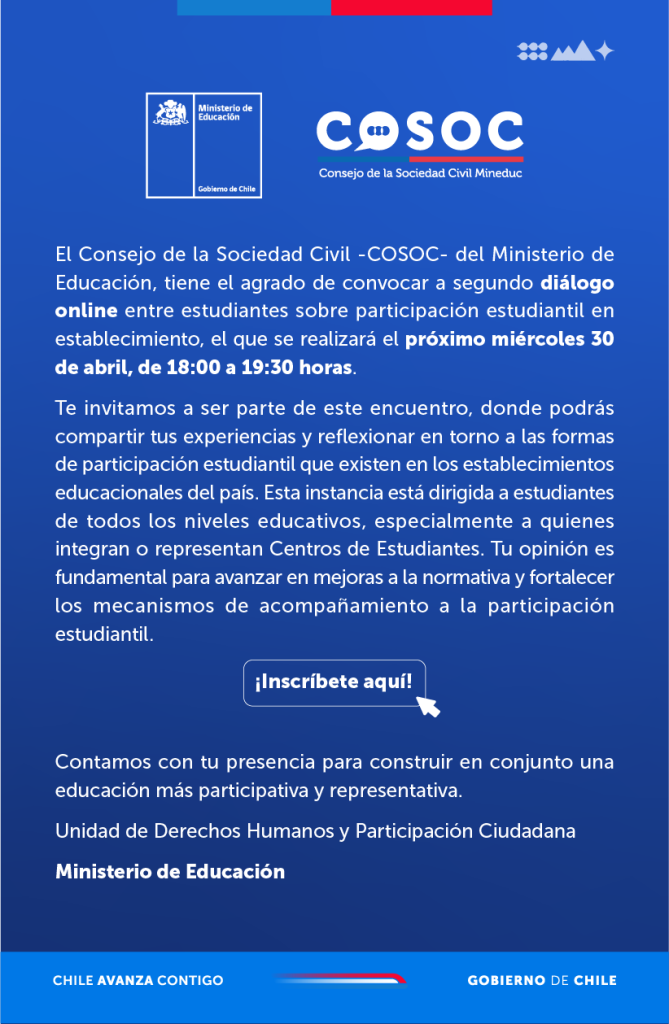 Invitación a diálogos estudiantiles del COSOC Mineduc.