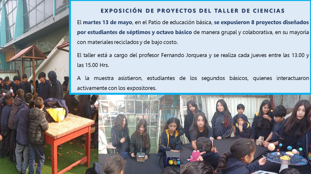 Los estudiantes de séptimo y octavo de nuestro establecimiento, crean en Talleres sus propios proyectos e interactúan con sus compañeros/as de Ed. Básica