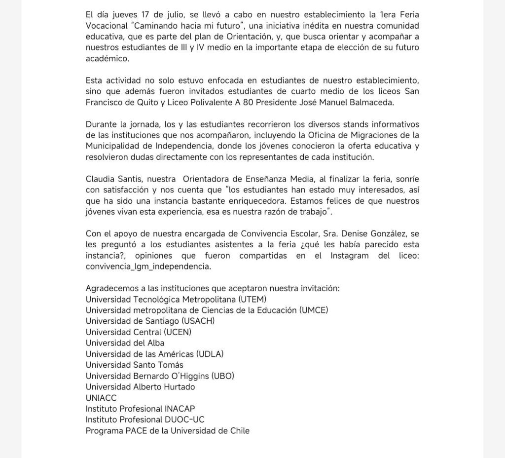 Feria Vocacional en el Liceo Gabriela Mistral